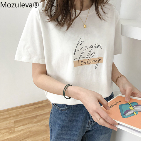 Mozuleva Casual O-neck Letter Print Women T-shirt 2022 Summer Short Sleeve Loose Female Basic Tops Shirt Ladies Tees 100% Cotton ► Photo 1/6