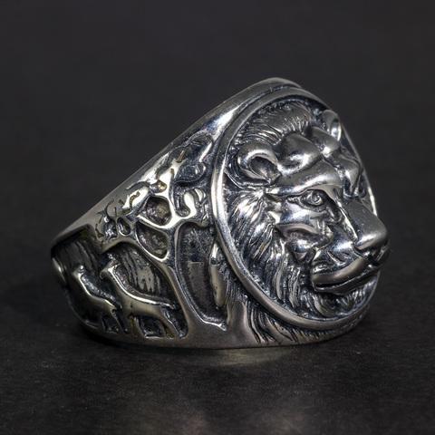 Solid 925 Sterling Silver Mens Lion Ring Vintage Steampunk Retro Biker Rings For Men Trees Deers Engraved Male Jewelry ► Photo 1/6