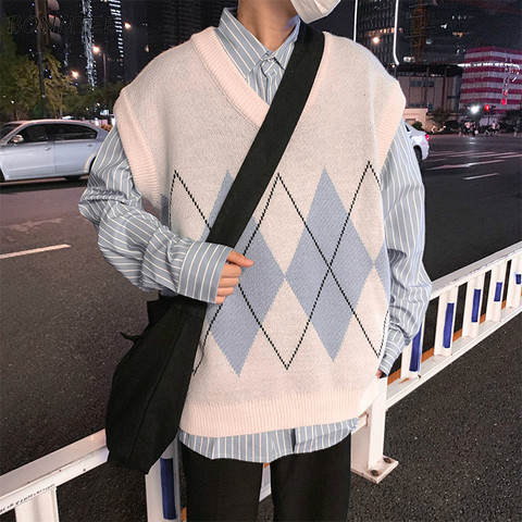 Sweater Vest Men Vintage Plaid Patchwork Loose Fashion Casual Elasticity Sleeveless V-Neck Knitted Vests Male All-match Simple ► Photo 1/6