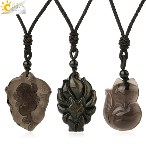 CSJA Natural Stone Obsidian Necklace for Men Carved Nine-tailed Fox Lucky Animal Pendant Amulet Women Fashion Jewelry Gifts G364 ► Photo 1/6