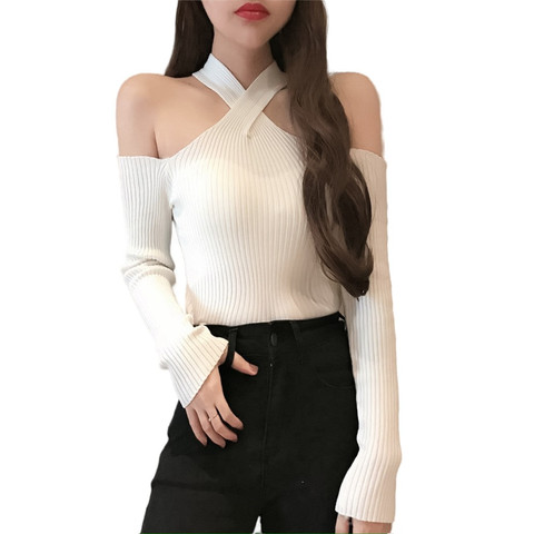 INS New Women Long Sleeve Twist Neckline Knitted Ribbed Pull Sexy Sweater Cold Shoulder Off Top Femme Pullover Clothes Jersey ► Photo 1/6