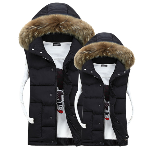 Autumn Winter Hooded Fur collar Vest Men Casual Slim Warm Women Sleeveless Jacket Coat Youths Mens Man Vest ► Photo 1/6