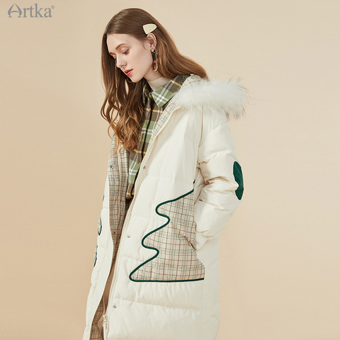 ARTKA 2022 Winter New Women Down Jacket Fashion Plaid Patchwork 90% White Duck Down Coat Raccoon Fur Hooded Outerwear YK25004D ► Photo 1/6