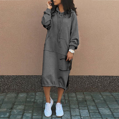 Celmia Winter Warm Women Hoodies Sweatshirt Dress 2022 Fashion Long Sleeve Fleece Dresses Solid Drawstring Hooded Vestidos 5XL ► Photo 1/6