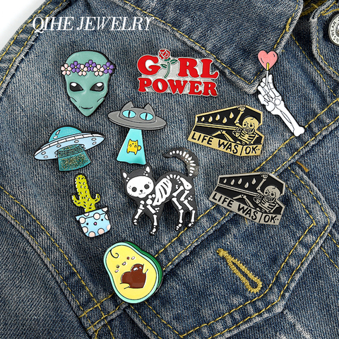 QIHE JEWELRY Skeleton Cat Enamel Lapel Pins Alien Avocado UFO Cute Brooches Badges Fashion Pins Gifts for Friends Pins Wholesale ► Photo 1/6