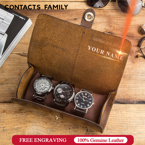 CONTACT'S FAMILY 3 Slot Watch Roll Display Box Retro Cow Leather Travel Watch Case Wrist Jewelry Storage Pouch Organizer Gift ► Photo 1/6