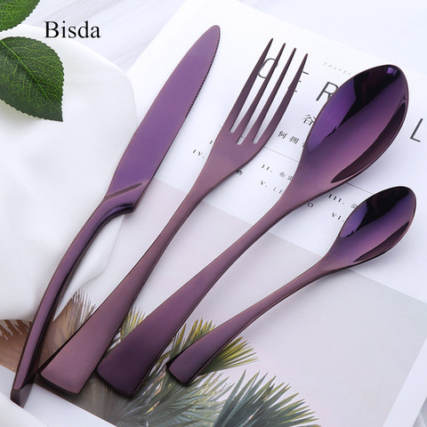 4Pcs Purple Cutlery Set Stainless Steel Blue Dinnerware Set Knife Fork Table Fork Black Tableware Set Drop Shipping ► Photo 1/6