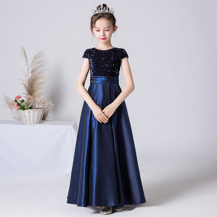 Blue Satin Wedding Party Flower Girl Dress Holy Communion Party Prom Princess