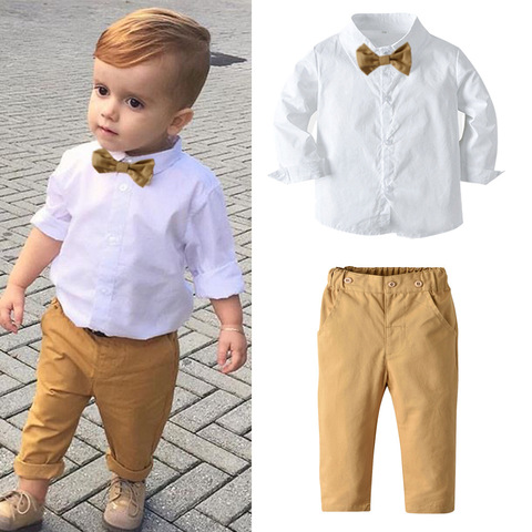 2022New Kids baby Boy cotton long sleeved pendant bow tie+ shirt+ trousers suit Gentleman Kids Clothes 2 3 4 5 6 7 8 years old ► Photo 1/6