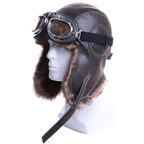 Winter Bomber Hats Plush Earflap Russian Ushanka with Goggles Men Women's Trapper Aviator Pilot Hat Faux Leather Fur Snow Caps ► Photo 1/6