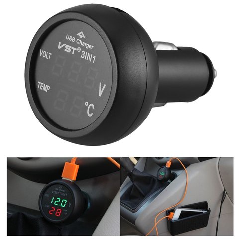 12V/24V Digital Meter Monitor 3 in 1 LED USB Car Charger Voltmeter Thermometer Car Battery Monitor LCD Digital Dual Display ► Photo 1/6