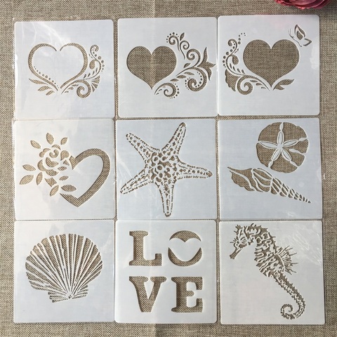 9Pcs/Set 13cm Shell Love Hippocampus DIY Layering Stencils Painting Scrapbook Coloring Embossing Album Decorative Template ► Photo 1/6