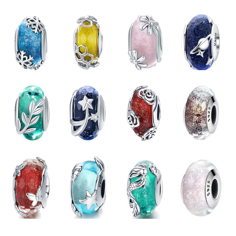 BISAER 925 Sterling Silver Glass Beads Snowflakes Mermaid Star European Beads Charms fit for Charm Bracelets Silver 925 Jewelry ► Photo 1/6