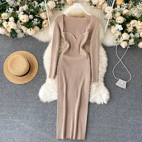 Dresses For Women 2022 Sexy Strapless Ribbed Knitted Bodycon Dress Women Winter Long Sleeve Midi Sweater Dress Clothes ► Photo 1/6