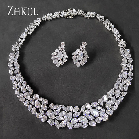 ZAKOL Brand White AAA+ CZ Zirconia Earrings Necklace Jewelry Set for Women Luxury Bridal Wedding Dress FSSP2002 ► Photo 1/6