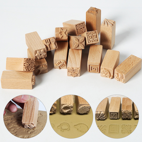 Hand Carved Wooden Stamps Wood Seal For Printing DIY Clay Pottery Printing Blocks Clay Tool Fish Bone / Squirrel / Flower / Deer ► Photo 1/6