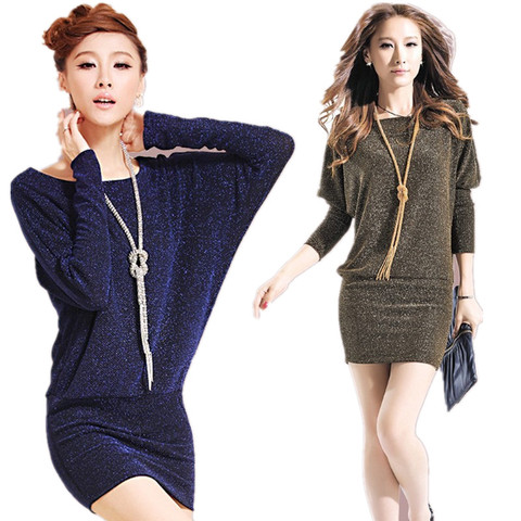 Women's Sexy Dress Batwing Sleeve Shinny A-line Mini Dress O-neck Long Sleeve Party Dresses Female Fashion Vestidos L8079 ► Photo 1/6