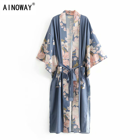 Boho Vintage  peacock Floral Print Sashes Women bohemian V Neck batwing Sleeves Ladies Blouses happie Maxi Kimono robe ► Photo 1/6