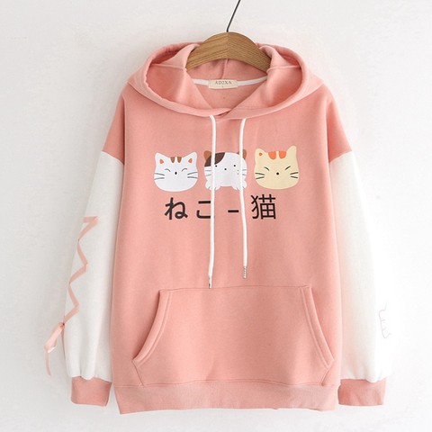 Harajuku Kawaii Hoodie Cat Ear Women Print Graphic Japanese Clothes Lolita Cute Cartoon Cat Ribbon Sweatshirt Teen Girl Pullover ► Photo 1/6