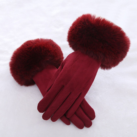 Fashion Women Winter Warm Suede Leather Touch Screen Glove Female Faux Rabit Fur Embroidery Plus velvet thick driving gloves H92 ► Photo 1/6