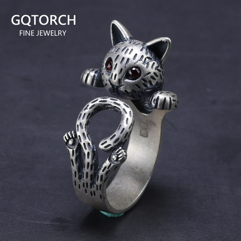 999 Sterling Silver Ring With Cute Cats Adjustable Vintage Cubic Jewelry Rings For Women Bague Femme Anel Feminino ► Photo 1/6