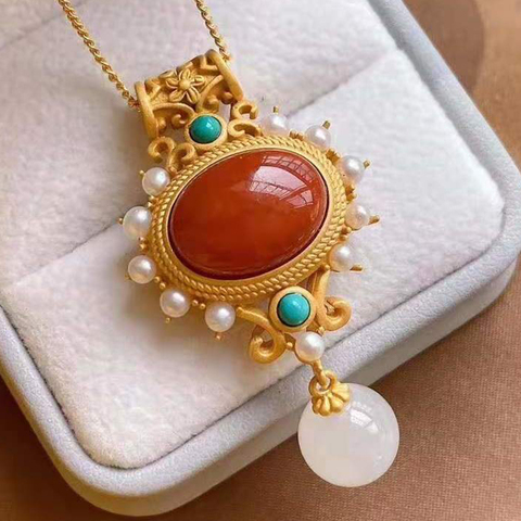 S925 silver inlaid natural southern red agate pearl turquoise pendant necklace niche light luxury charm female brand jewelry set ► Photo 1/6