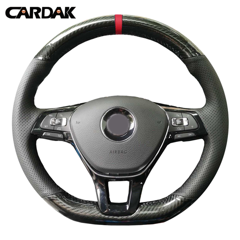CARDAK Hand-stitched Black Carbon fiber Leather Suede Steering Wheel Cover for Volkswagen VW Golf 7 Mk7 New Polo Jetta Passat B8 ► Photo 1/6