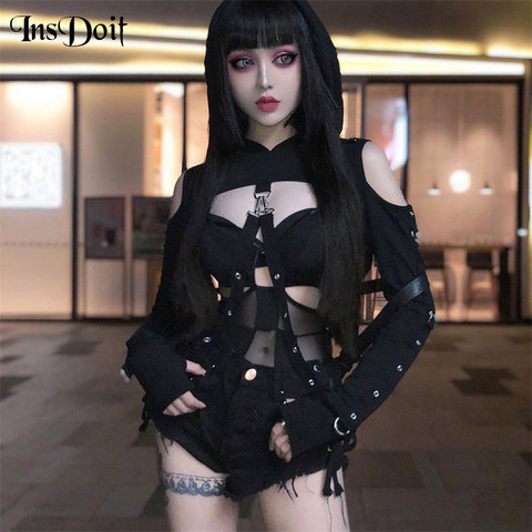 InsDoit Streetwear Gothic Sexy Hollow Out Black Hoodies Harajuku Punk Long Sleeve Crop Hoodies Women Hip Hop Belt Autumn Hoodies ► Photo 1/6