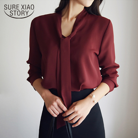 2022 autumn women clothing long sleeve bow tie women shirts Korean loose chiffon blouse shirt women solid color blouse 699C  30 ► Photo 1/6