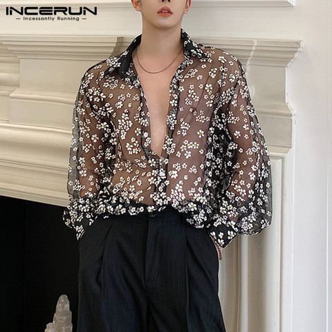 Fashion Men Mesh Shirt Transparent Long Sleeve Printed Lapel Loose Streetwear Blouse Party Clubwear Casual Casmia S-5XL INCERUN ► Photo 1/6