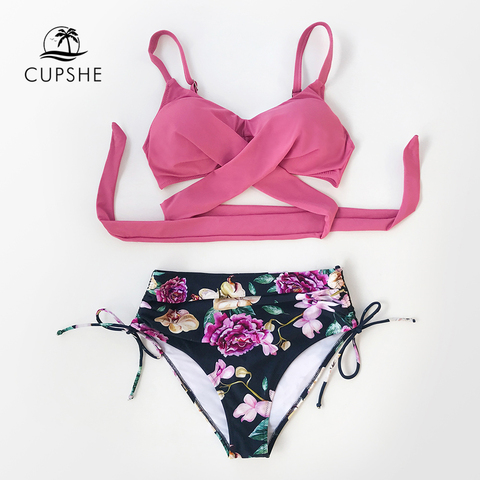 CUPSHE Pink And Floral Print High Waist Bikini Sets Swimsuit Sexy Push Up Two Pieces Swimwear Women 2022 New Beach Bathing Suits ► Photo 1/6