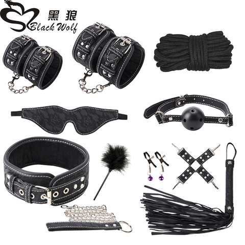 Print 10pcs / set Sex Products Erotic Adult Toys BDSM Sex Bondage Set Handcuff Nipples Clamps Gag Whip Rope Sex Toys for Couples ► Photo 1/6