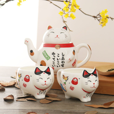 Cute Japanese Lucky Cat Porcelain Tea Set Creative Maneki Neko Ceramic Tea Cup Kettle with Strainer Office Teapot Water Mug ► Photo 1/6