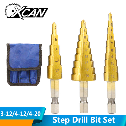 XCAN 3pcs 3-12mm 4-12mm 4-20mm HSS Straight Groove Step Drill Bit Set Titanium Coated Wood Metal Hole Cutter Core Drill Bit Set ► Photo 1/5