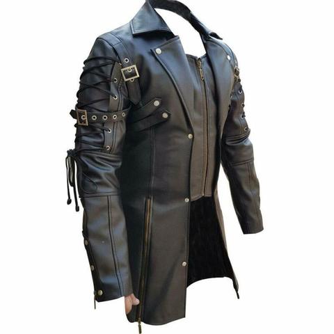 2022 Fashion Trend Casual Steampunk Gothicgothic Trench Leather Maroon Black Coat Solid Color Motorcycle Plus Size Jacket Men's ► Photo 1/6