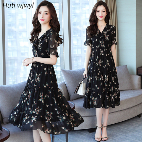 Summer Black Vintage Floral Chiffon Midi Sundress 2022 Elegant Women Plus Size Boho Dresses Party Short Sleeve Runway Vestidos ► Photo 1/6