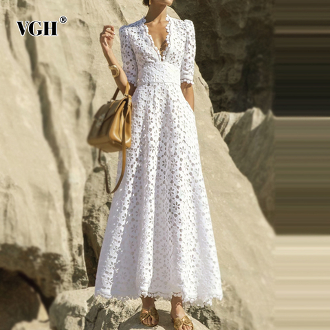 VGH Elegant White Maxi Dress For Women V Neck Half Sleeve High Waist Hollow Out Slim Dresses Women 2022 Autumn New Style Fashion ► Photo 1/6