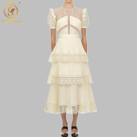 SMTHMA 2022 New Arrival beige lace long dress High Qulity Luxury design Runway Dress Short sleeve Ruffle Summer Dresses ► Photo 1/3