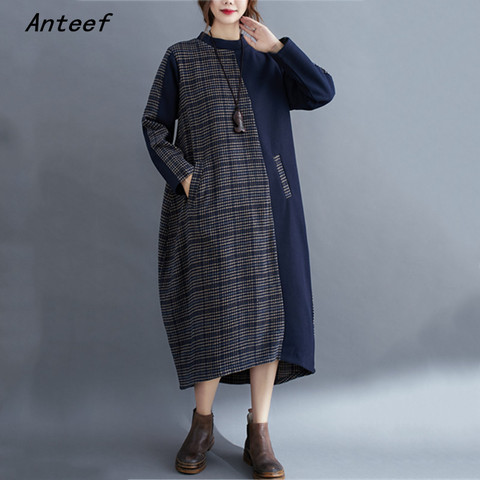 long sleeve plus size cotton vintage plaid for women casual loose autumn winter dress elegant clothes 2022 ladies dresses ► Photo 1/6