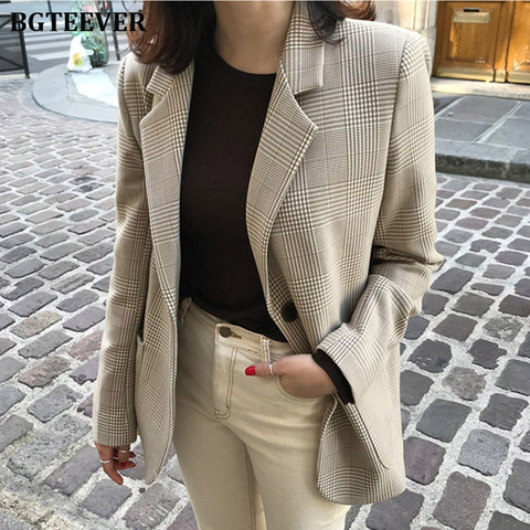 Vintage Women Plaid Blazer Coat Houndstooth Pattern Single-breasted Female Suit Jackets 2022 Autumn Loose Blaser Outwear Femme ► Photo 1/6