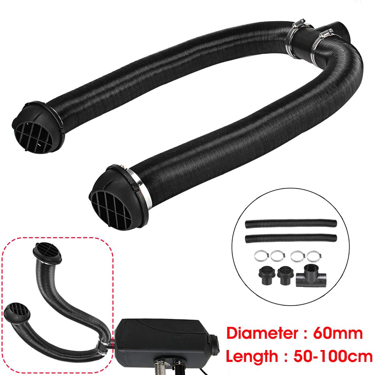 JUSTJUNMIN 50-100cm 75mm Car Heater Ducting Pipe Diesel Parking Heater Air Vent Outlet Y Piece Connector Fit for Webasto Dometic Planer Car Heater Parts