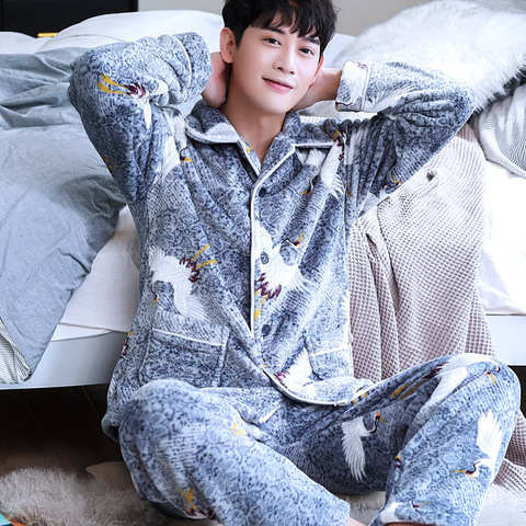 H5898 Sleepwear Young Men Pajamas Set Thick Flannel Cute Homewear Male Coral Velvet Large Size Long Sleeve Winter Warm Nightwear ► Photo 1/6