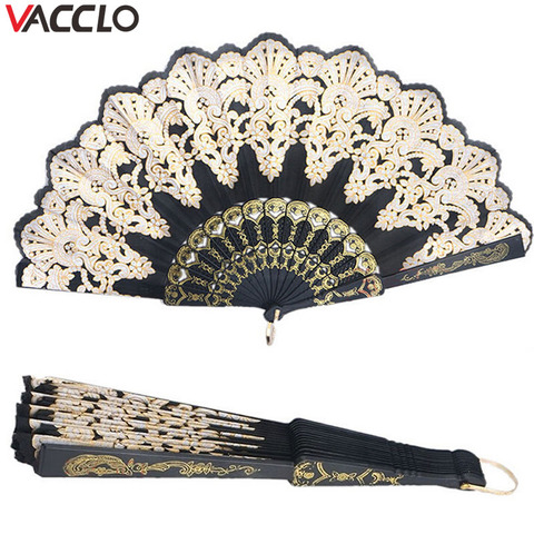 Vacclo Folding Hand Held Fan Flower Lace Black Wedding Dance Party Silk Fans Luxury Fashion Hot Stamping Fan Spanish Style ► Photo 1/6