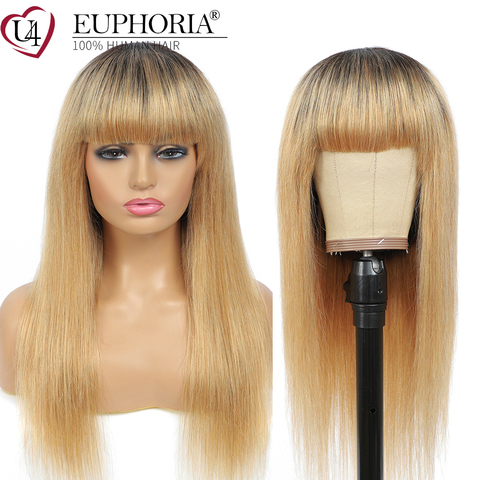 Ombre Blonde Long Straight Hair Wigs Brown Burg Red Natural Color Brazilian Remy Human Hair Full Machine Wigs With BangsEUPHORIA ► Photo 1/6