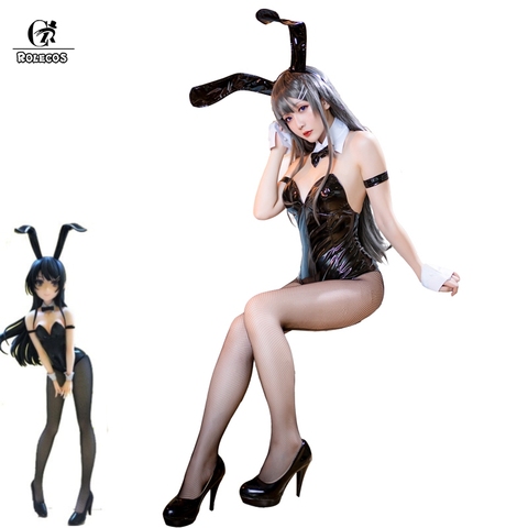 ROLECOS Sakurajima Mai Anime Cosplay Costume Women Sexy Costume Bunny Girl Cosplay Wigs Shiny Leather Jumpsuit Party Bodysuit ► Photo 1/6