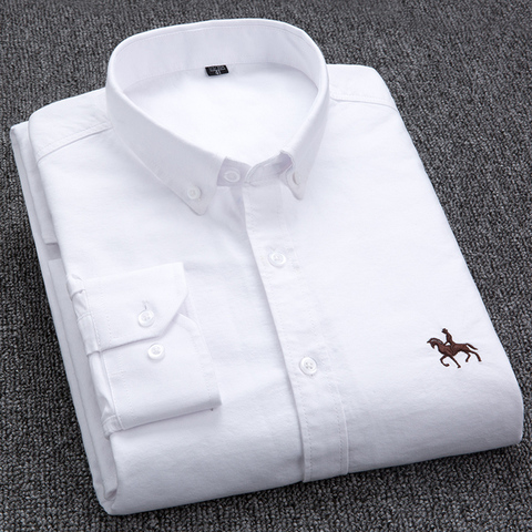 100% Cotton Oxford Shirt Men's Long Sleeve Embroidered Horse Casual Without Pocket Solid Yellow Dress Shirt Men Plus Size 5XL6XL ► Photo 1/6