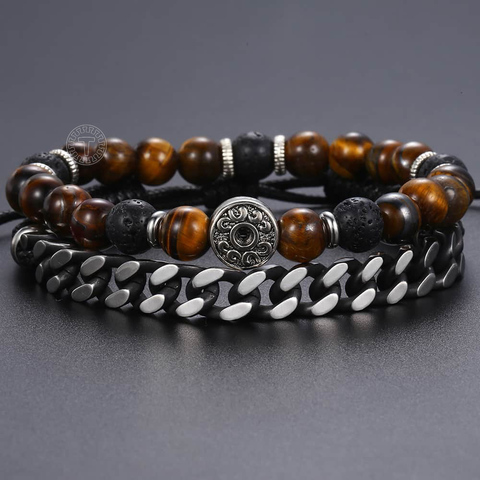 Bracelet for Men Tiger Eye Stone Man-made Leather Stainless Steel Curb Chains Adjustable Lave Beaded Mens Bracelets Gift DLB68 ► Photo 1/6