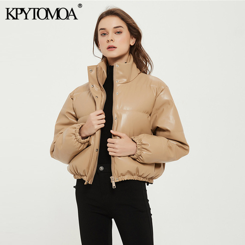 KPYTOMOA Women Fashion Faux Leather Parkas Thick Warm Jacket Padded Coat Vintage Long Sleeve Pockets Female Outerwear Chic Tops ► Photo 1/6