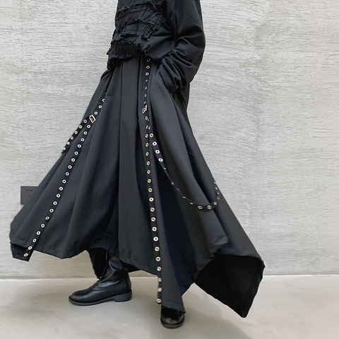 Men Ribbon Dark Black Wide Leg Pants Male Women Japan Streetwear Punk Gothic Harem Trousers Kimono Skirt Pants ► Photo 1/5