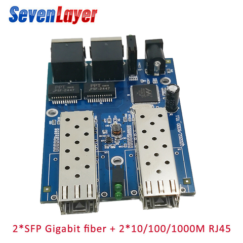 Ethernet Fiber Optical  2 SFP fiber Port  2 RJ45 2 UTP 10/100/1000M Media Converter Gigabit Ethernet switch 2 RJ45 UTP Board PCB ► Photo 1/6